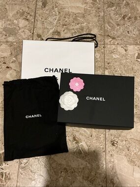 Chanel empty purse box dust bag paper gift bag and camellia sticker set